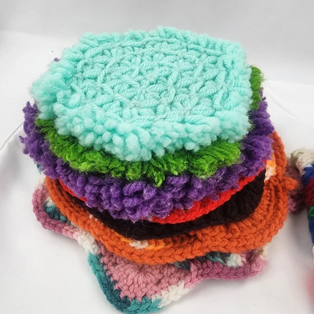 Vintage Handmade Crocheted‎ Lot of 10 Hot Pads Pot Holders 8 Coasters With Stand
